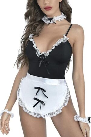 French Maid Lingerie Set 5-Piece Sexy Babydoll Costume with Apron, Contrast Lace Roleplay Cosplay Outfit for Women