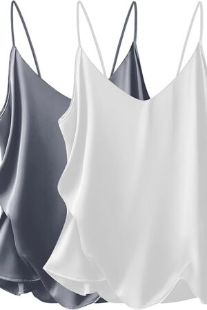 Women's 2 Pcs Satin Camisole Silky Pajama Tank Tops V Neck Soft Spaghetti Strap Loose Basic Sleepwear