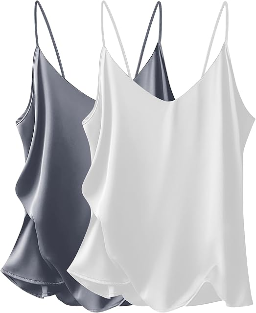 Women's 2 Pcs Satin Camisole Silky Pajama Tank Tops V Neck Soft Spaghetti Strap Loose Basic Sleepwear