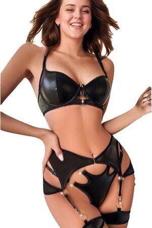 Women's Lingerie Set Leather Lingerie Strappy Outfits Underwire Push Up Garter Lingerie Bra and Panty Set