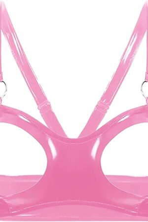 Women Wet Look Patent Leather Bra Top Sexy Hollow Out Bralette Open Nipple Bra Lingerie with Metal Chain