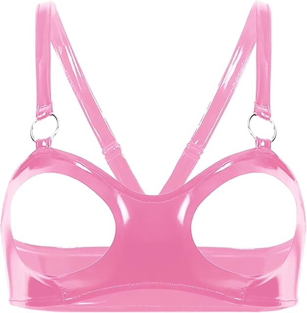 Women Wet Look Patent Leather Bra Top Sexy Hollow Out Bralette Open Nipple Bra Lingerie with Metal Chain