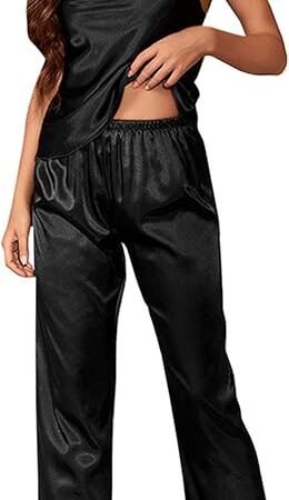 Womens Silk Satin Pajamas Set Sexy Lingerie Set Cami 2 PCS Pj Sets Summer Lounge Set Pjs Cami Top and Pants Sleepwear