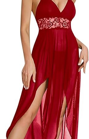 Women's Irregular Hem Nightgown Mesh Lingerie Sexy Nightwear Spaghetti Strap Nightgown Babydoll Chemise