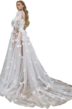 Bridal Robe with 3D Butterflies Long Lingerie Bridal Dressing Gown Tulle for Maternity Photoshoot