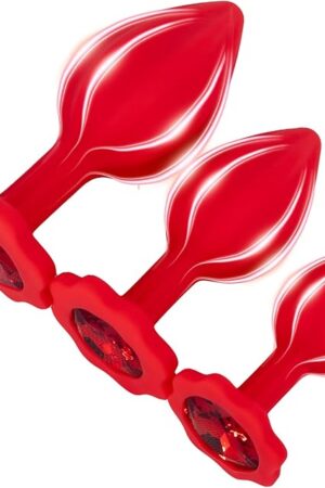Anal Sex Trainer 3Pcs Set Silicone Butt Toys Anal Trainer Jewel Butt Plug Kit S&M Anal Sex Toys Kit for Starter Beginner Men Women Couples, Red