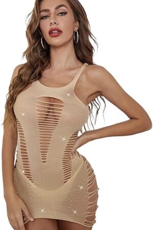 Womens One Piece Sparkle Rhinestone Fishnet Teddy Dress Fishnet Bodysuit Chemise Babydoll Mini Dress Underwear
