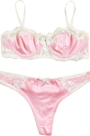 Women's Floral Lace Bow Knot Underwire Thong Satin Lingerie Set