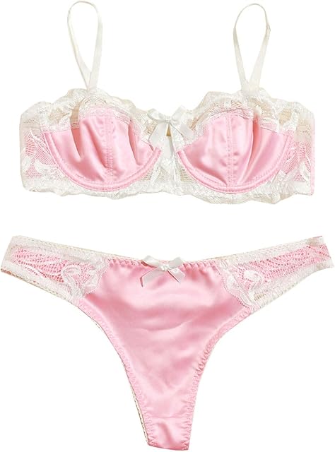 Women's Floral Lace Bow Knot Underwire Thong Satin Lingerie Set