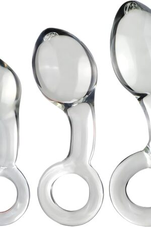 3PCS Crystal Glass Butt Plug Dildo Training Kit with Pull Ring Design, Transparent Prostate Massage Anal Sex Toy for Men Women and Couples Ideal for Anal Play and Stimulation