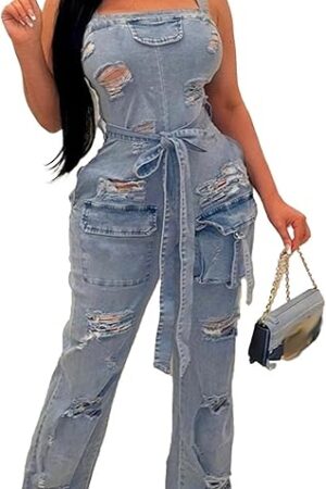 Denim Jumpsuit for Women Halter Wide Leg Ripped Jean Jumpsuits for Women with Belt Casual Denim Romper