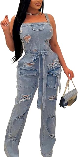 Denim Jumpsuit for Women Halter Wide Leg Ripped Jean Jumpsuits for Women with Belt Casual Denim Romper