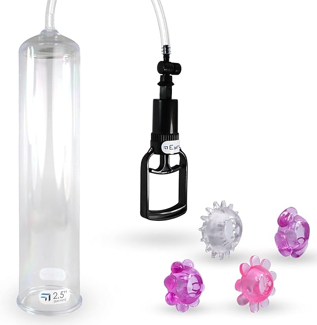 LeLuv Vacuum Pump Vacuum Easyop Tgrip 2.5 Inch x 12 Inch Cylinder Clear Hose Male Enhancement Bundle with 4 Jelly Cock Rings