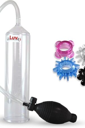 LeLuv Easyop 2.25 Inch by 9 Inch Cylinder Penis Pump Black Bgrip Ball Handle Clear Graduated Cylinder/Clear Collapse-Resistant Hose + 4 Stretchy Cock Rings