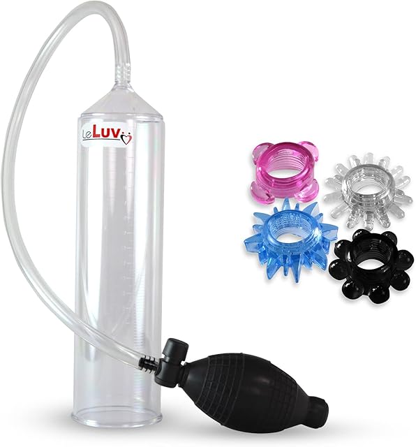 LeLuv Easyop 2.25 Inch by 9 Inch Cylinder Penis Pump Black Bgrip Ball Handle Clear Graduated Cylinder/Clear Collapse-Resistant Hose + 4 Stretchy Cock Rings