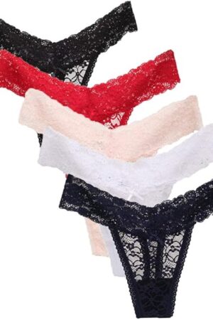 Women's Sexy Lace Thongs V Cheeky Underwear See Through Panties Pack of 5