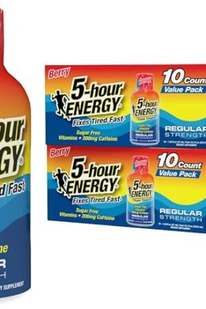 5-hour ENERGY Shots Regular Strength, Berry Flavor, 30 Count, 193 Fl Oz, Sugar Free, Zero Calories, Amino Acids and Essential B Vitamins, Dietary Supplement, Feel Alert and Energized, 200 mg Caffeine