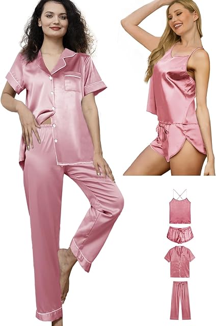 Womens 4Pcs Satin Pajama Sets Silk Pajamas Set Sexy Cami Lingerie Sleepwear Silky Pj Nightwear Pjs Loungewear