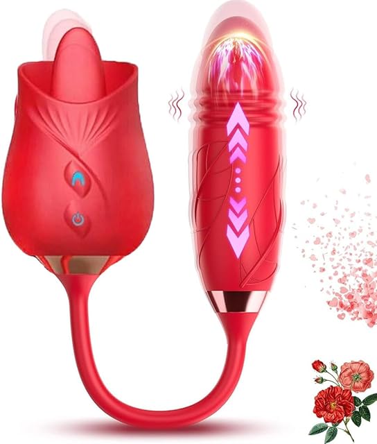 Generic Easy to Operate Rose Shape Toys Update Model 3 in 1 Rose Toy with Tongue Licking, Thrusting and Vibrating Adult Tools YO3+6 * 1, Red