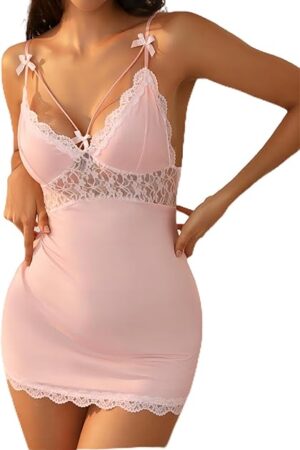 Women Lingerie Sexy Lace Babydoll Chemise Pink Mesh Halter Honeymoon