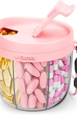 Cute Pill Dispenser with 7 Large Compartments, Portable Pill Bottle Organizer with Wide Opening for Easy Use, Anti-Mix Pill Organizer for Travel, BPA-Free Pill Container, Pink