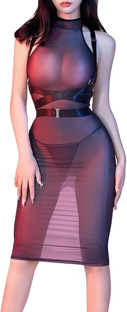 Women's Sexy Bodystocking Dress Sleeveless Lingerie Dress Halterneck Nylon Full Body Stocking Adjustable Neck Strap