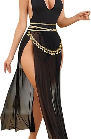 4PC Sexy Lingerie Sets for Women Rave Outfits (Halter Bodysuits + Sheer Coverup Skirt + Necklace + Chain Waist Belt)