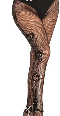 Women's Fishnet Stocking Suspender Pantyhose Rhinestone High Waist Thigh Crystal Stockings Tights Mesh Stocking Black (D)