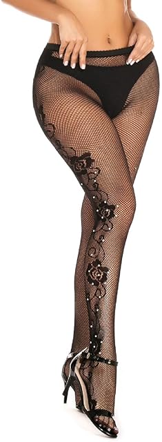 Women's Fishnet Stocking Suspender Pantyhose Rhinestone High Waist Thigh Crystal Stockings Tights Mesh Stocking Black (D)