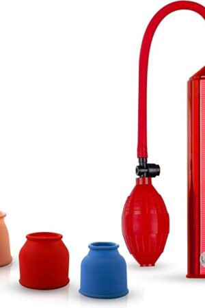 LeLuv Easyop Penis Pump Red Bgrip Handle with 3 Sizes of Silicone Sleeves| 8 Inch Insertable-Length by 2.25 Inch Diameter Cylinder