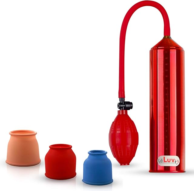 LeLuv Easyop Penis Pump Red Bgrip Handle with 3 Sizes of Silicone Sleeves| 8 Inch Insertable-Length by 2.25 Inch Diameter Cylinder