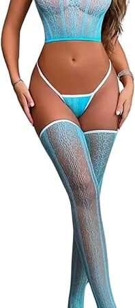 Womens Sexy Fishnet Lingerie Set 3 Piece Bodystocking Halter Bodysuit Attached Thigh High Stockings Tights