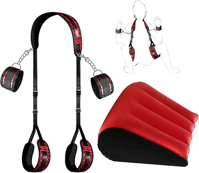 Bondage Sex Restraint Set with Adjustable Strap & Position Pillow - Deep Support Sex Cushion for Couples,Bed Restraints, Multifunctional Ramp Furniture for Men & Women(Red)