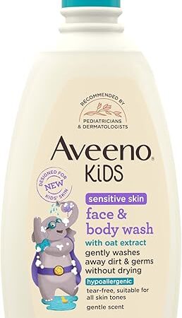 Aveeno Kids Sensitive Skin Face & Body Wash With Oat Extract, Gently Washes Away Dirt & Germs Without Drying, Tear-Free & Suitable for All Skin Tones, Hypoallergenic, 18 fl oz