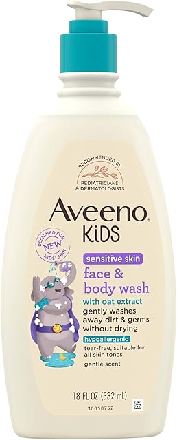 Aveeno Kids Sensitive Skin Face & Body Wash With Oat Extract, Gently Washes Away Dirt & Germs Without Drying, Tear-Free & Suitable for All Skin Tones, Hypoallergenic, 18 fl oz