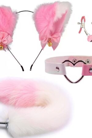Fox Tail Anal Plug Collar and Nipple Clamps Cat Ears Butt Plug Stainless Steel Anal Plug with Faux Fur Fox Tail for Women Costume Cosplay