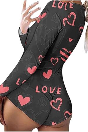 Womens Valentine's Day Bodysuit Sexy Lingerie Pajamas Button V-Neck Romper Spring Long Sleeve Tops Love Print Jumpsuit