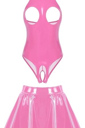 Women's Sexy Lingerie Wet Look Leather Teddy Bodysuit with Flared Skirt Halter Neck Hollow Out Babydoll Nightwear