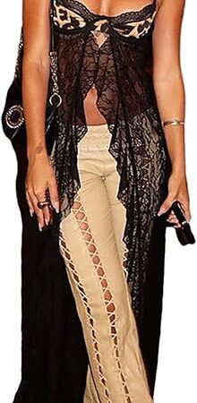 Womens Sexy Long Lace Dress Sheer Gown See Through Lingerie Babydoll Camisoles Y2K Outfits Trendy Clothes