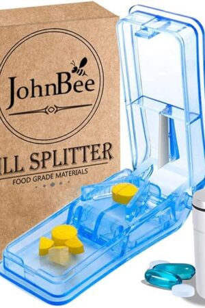 JohnBee Pill Cutter | Best Pill Cutter for Small or Large Pills | Designed in The USA| Cuts Vitamins | Includes Keychain Pill Holder (Blue)