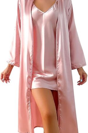 Women's Silk Robe Set 2 Piece Bridal Kimono Robes Satin Bathrobe Sleepwear with Sexy Babydoll Chemise Nightgown