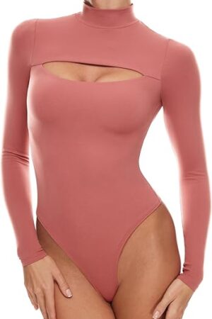 Women's Natrelax Long Sleeve Bodysuit Mock Turtleneck Cut Out Bodysuits Sexy Tops Double Lined