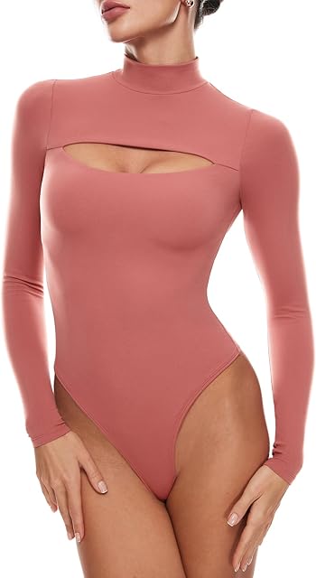 Women's Natrelax Long Sleeve Bodysuit Mock Turtleneck Cut Out Bodysuits Sexy Tops Double Lined