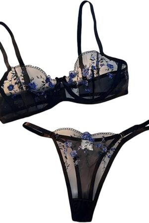 Women's Floral Embroidered Sheer Mesh Sexy Valentine's Lingerie Set