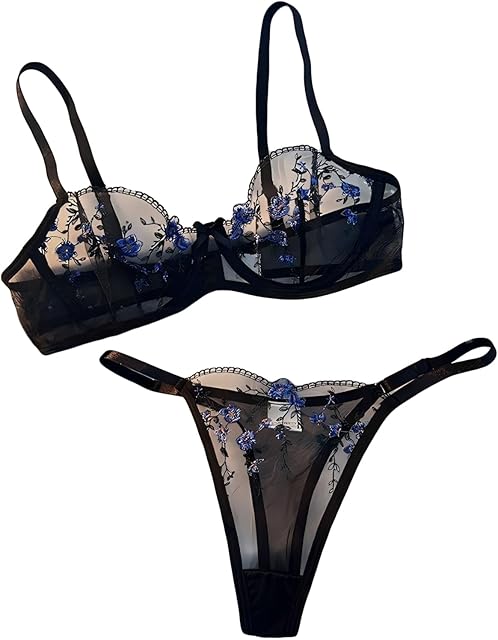Women's Floral Embroidered Sheer Mesh Sexy Valentine's Lingerie Set