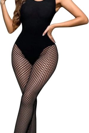 Women's Mesh Bodystocking Laceup Sexy Deep V Neck Bodysuit Lingerie One Piece Tights Transparen Clubwear