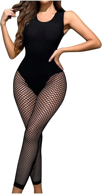 Women's Mesh Bodystocking Laceup Sexy Deep V Neck Bodysuit Lingerie One Piece Tights Transparen Clubwear