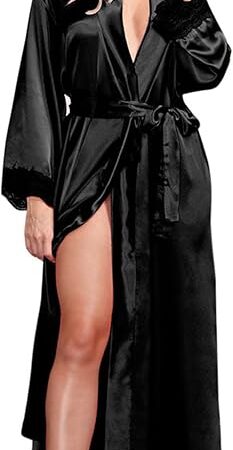 Women Kimono Robes Sexy Silk Satin Long Bathrobe Lightweight Soft Nightgown Elegant Sleepwear V-Neck Loungewear Pjs