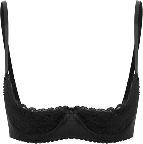 Womens Sexy Lace Lingerie 1/4 Cups Bare Exposed Breast Underwire Push Up Balconette Bra Tops