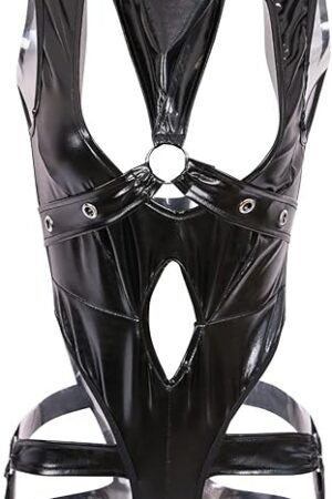 Womens One-piece Metallic PVC Leather Halter Neck Cut Out Leotard Shiny Bodysuit Sexy Jumpsuit Club Nightwear